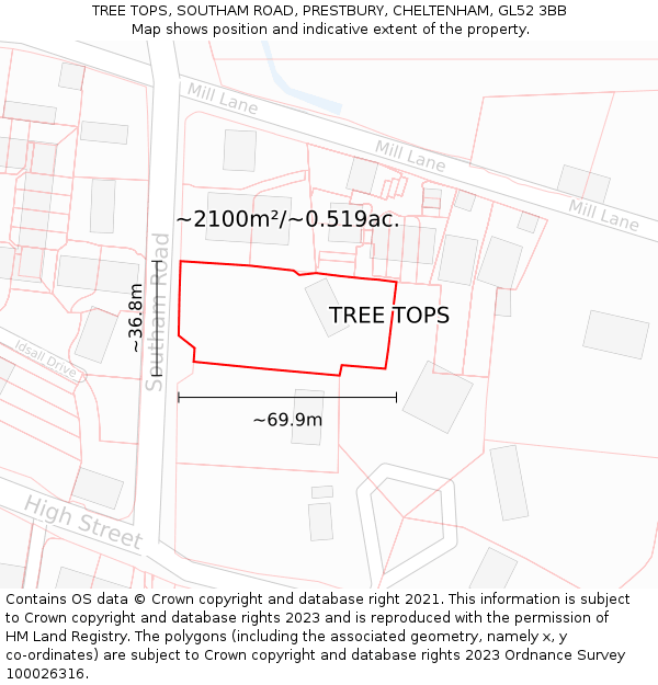 TREE TOPS, SOUTHAM ROAD, PRESTBURY, CHELTENHAM, GL52 3BB: Plot and title map