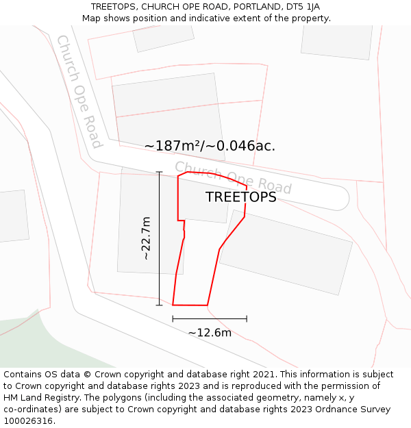 TREETOPS, CHURCH OPE ROAD, PORTLAND, DT5 1JA: Plot and title map