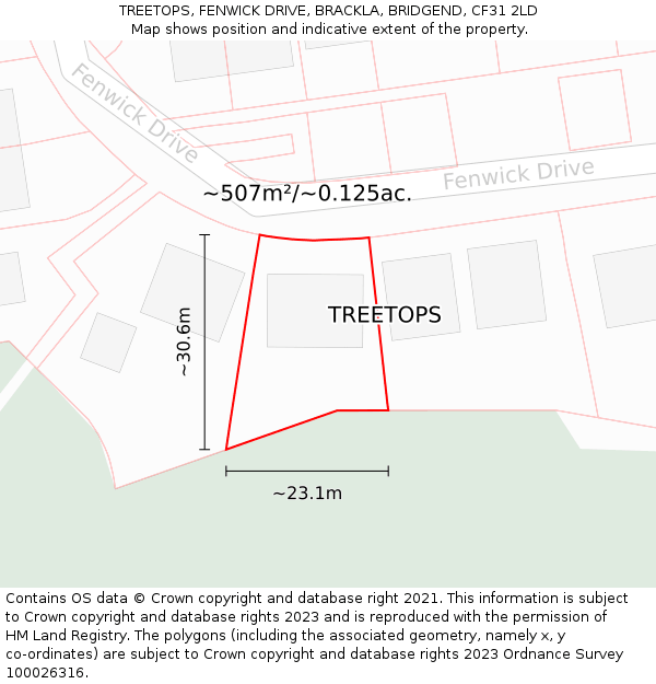 TREETOPS, FENWICK DRIVE, BRACKLA, BRIDGEND, CF31 2LD: Plot and title map