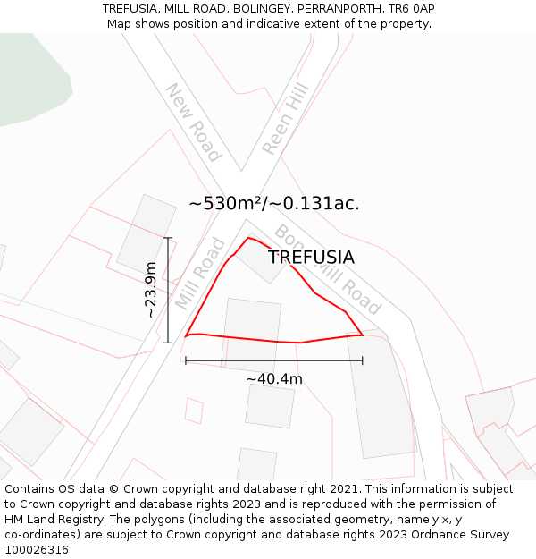 TREFUSIA, MILL ROAD, BOLINGEY, PERRANPORTH, TR6 0AP: Plot and title map