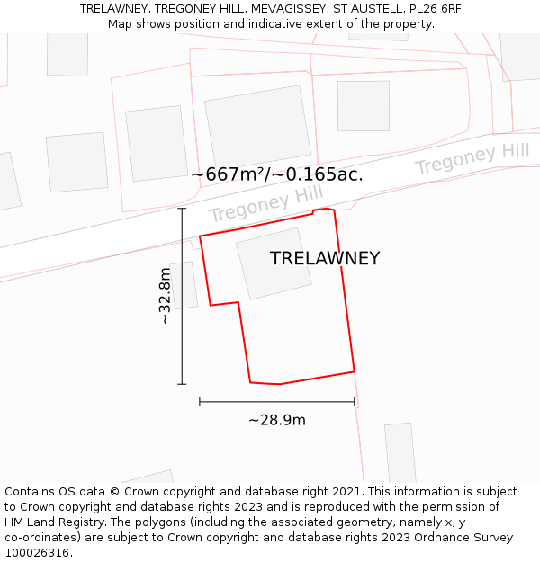 TRELAWNEY, TREGONEY HILL, MEVAGISSEY, ST AUSTELL, PL26 6RF: Plot and title map