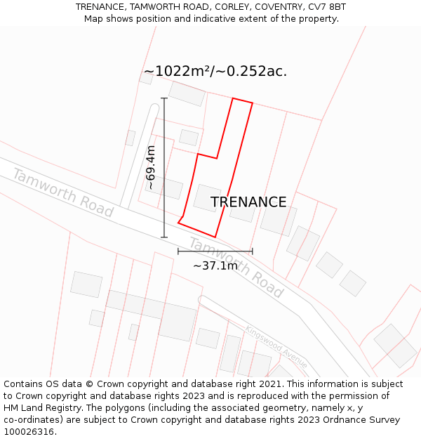 TRENANCE, TAMWORTH ROAD, CORLEY, COVENTRY, CV7 8BT: Plot and title map