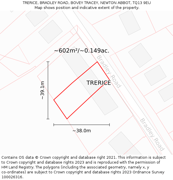 TRERICE, BRADLEY ROAD, BOVEY TRACEY, NEWTON ABBOT, TQ13 9EU: Plot and title map