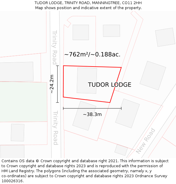 TUDOR LODGE, TRINITY ROAD, MANNINGTREE, CO11 2HH: Plot and title map