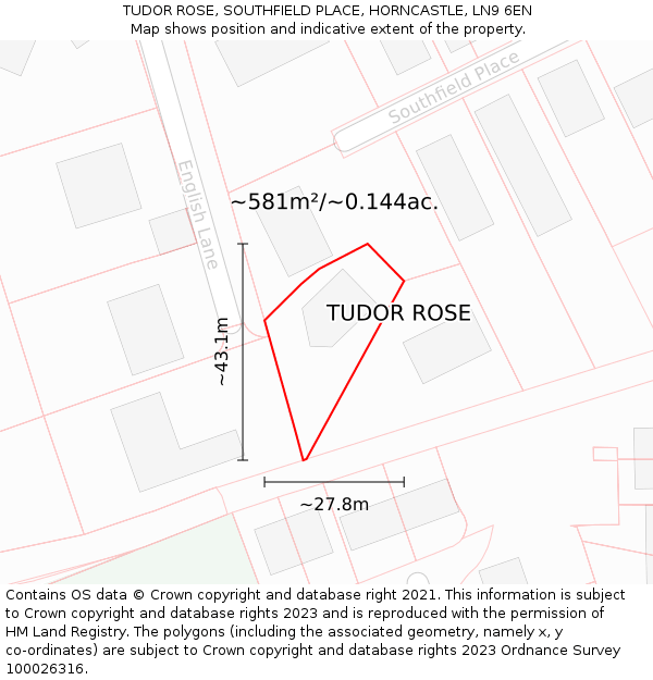 TUDOR ROSE, SOUTHFIELD PLACE, HORNCASTLE, LN9 6EN: Plot and title map