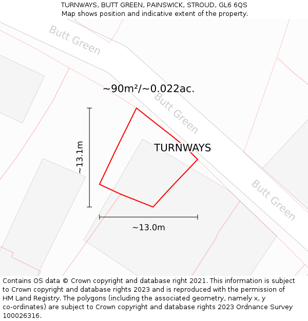 TURNWAYS, BUTT GREEN, PAINSWICK, STROUD, GL6 6QS: Plot and title map