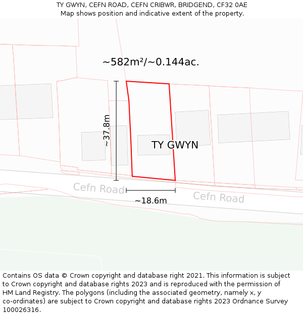 TY GWYN, CEFN ROAD, CEFN CRIBWR, BRIDGEND, CF32 0AE: Plot and title map