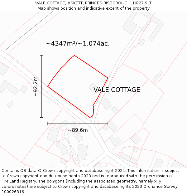 VALE COTTAGE, ASKETT, PRINCES RISBOROUGH, HP27 9LT: Plot and title map