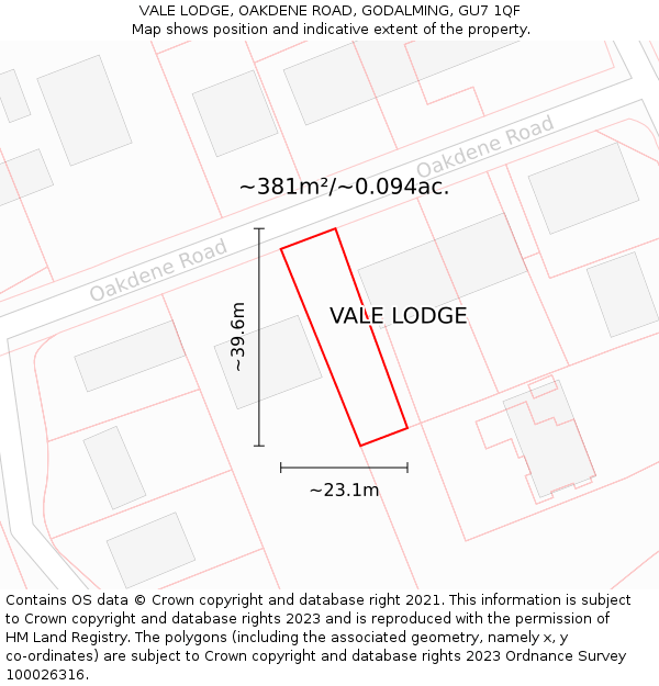 VALE LODGE, OAKDENE ROAD, GODALMING, GU7 1QF: Plot and title map