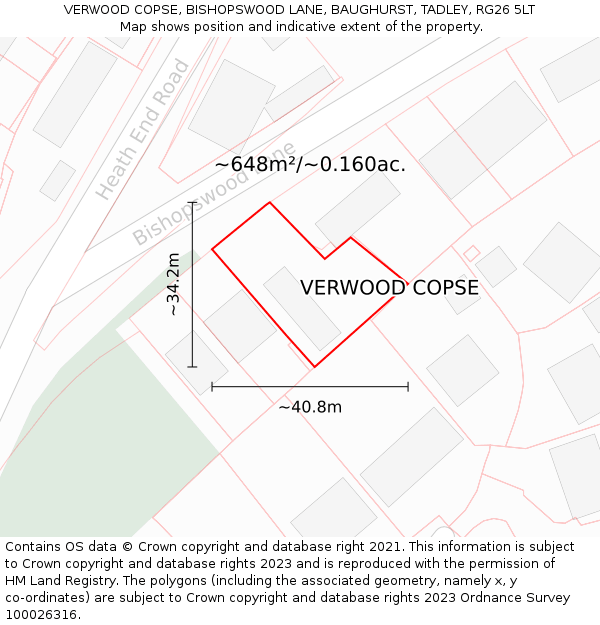 VERWOOD COPSE, BISHOPSWOOD LANE, BAUGHURST, TADLEY, RG26 5LT: Plot and title map