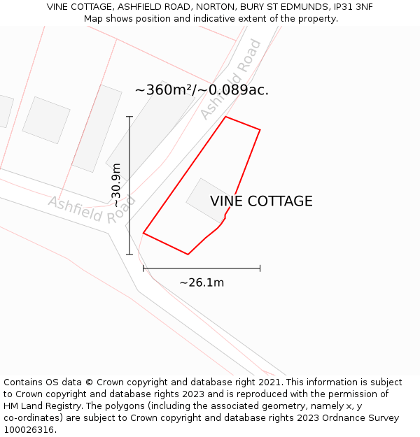 VINE COTTAGE, ASHFIELD ROAD, NORTON, BURY ST EDMUNDS, IP31 3NF: Plot and title map