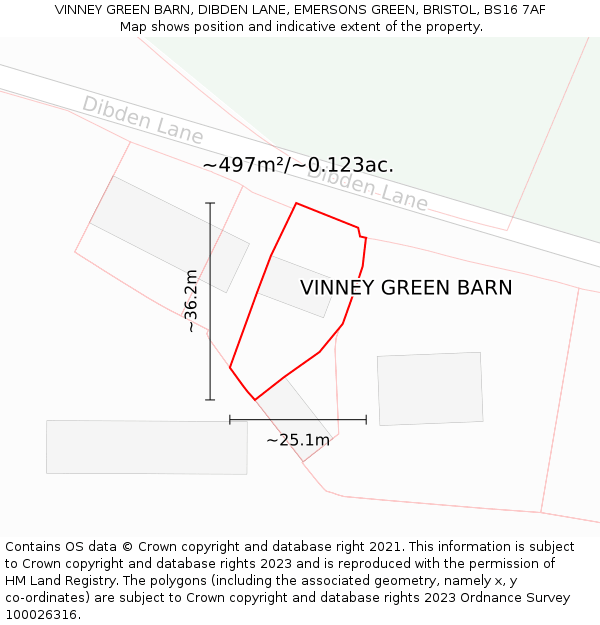 VINNEY GREEN BARN, DIBDEN LANE, EMERSONS GREEN, BRISTOL, BS16 7AF: Plot and title map