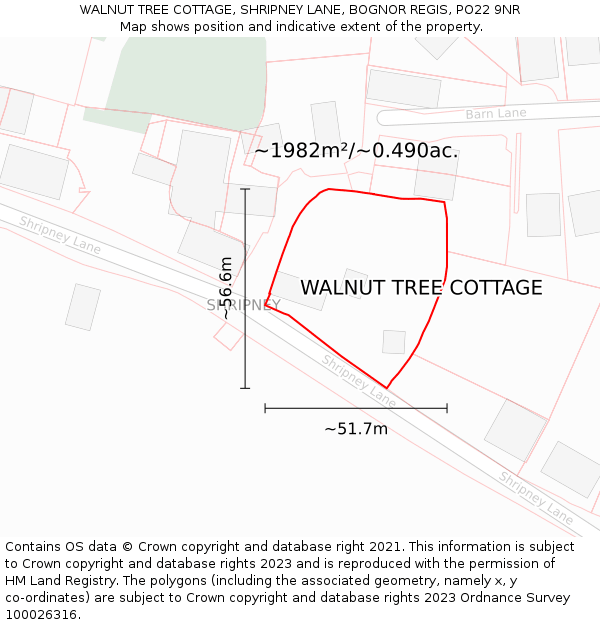 WALNUT TREE COTTAGE, SHRIPNEY LANE, BOGNOR REGIS, PO22 9NR: Plot and title map