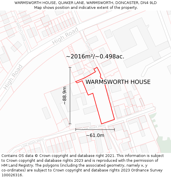 WARMSWORTH HOUSE, QUAKER LANE, WARMSWORTH, DONCASTER, DN4 9LD: Plot and title map