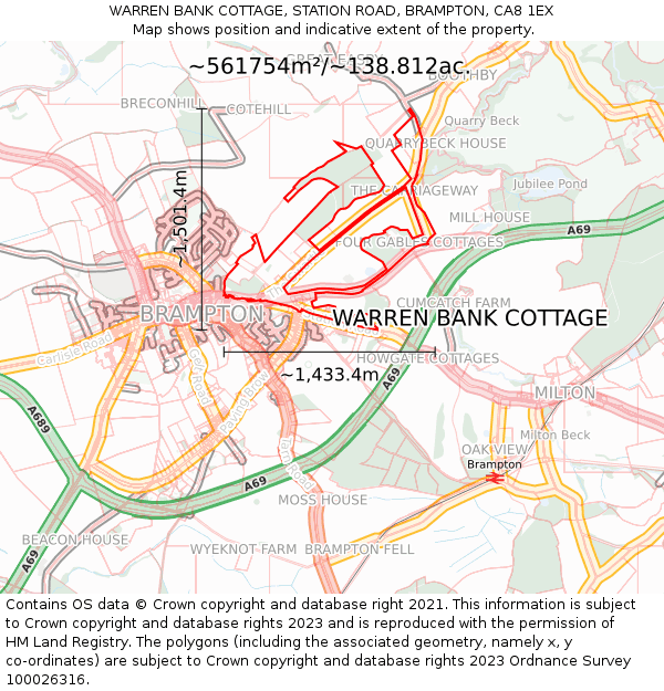 WARREN BANK COTTAGE, STATION ROAD, BRAMPTON, CA8 1EX: Plot and title map