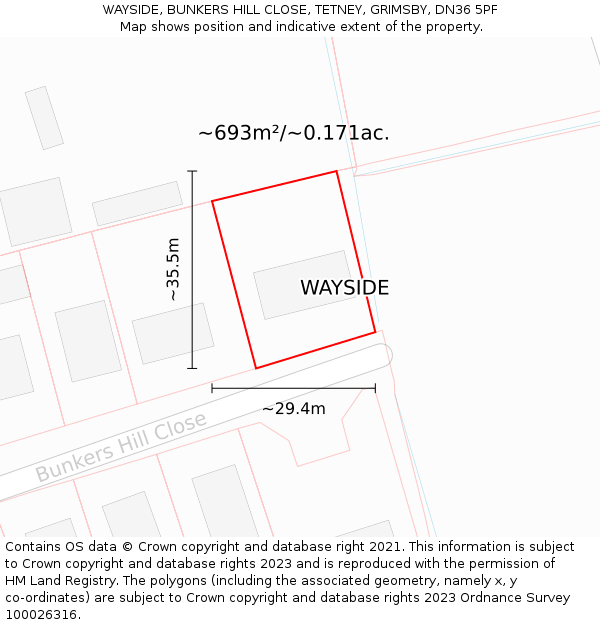 WAYSIDE, BUNKERS HILL CLOSE, TETNEY, GRIMSBY, DN36 5PF: Plot and title map