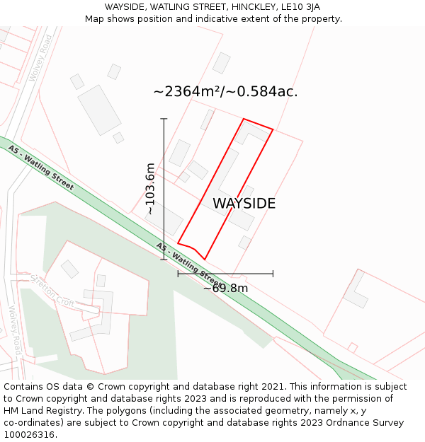 WAYSIDE, WATLING STREET, HINCKLEY, LE10 3JA: Plot and title map