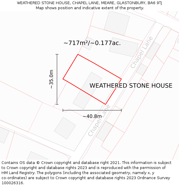 WEATHERED STONE HOUSE, CHAPEL LANE, MEARE, GLASTONBURY, BA6 9TJ: Plot and title map