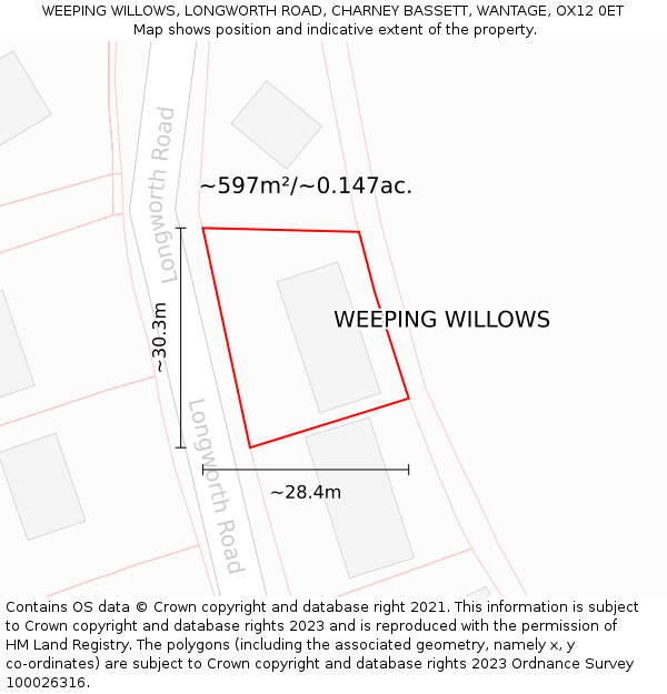 WEEPING WILLOWS, LONGWORTH ROAD, CHARNEY BASSETT, WANTAGE, OX12 0ET: Plot and title map