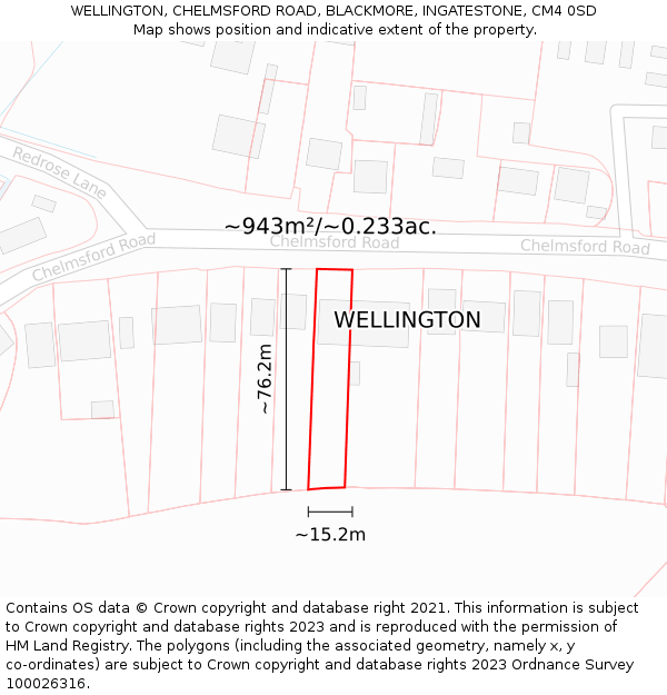 WELLINGTON, CHELMSFORD ROAD, BLACKMORE, INGATESTONE, CM4 0SD: Plot and title map