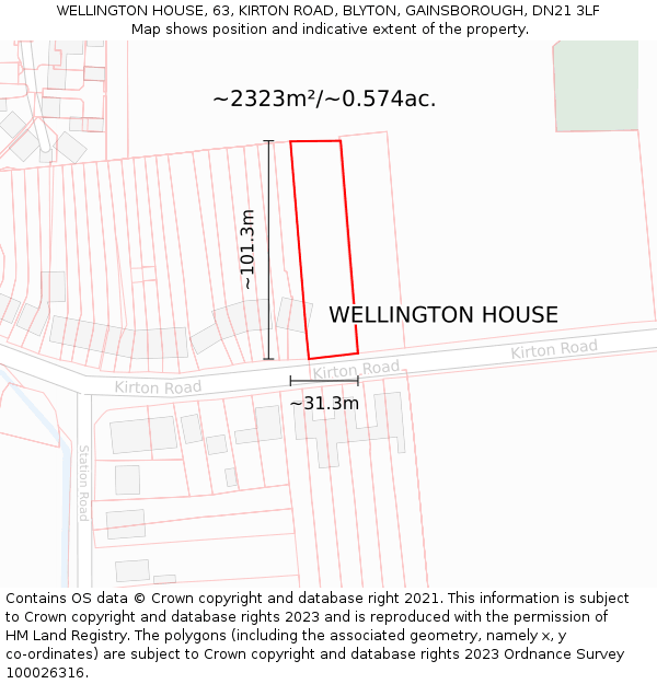 WELLINGTON HOUSE, 63, KIRTON ROAD, BLYTON, GAINSBOROUGH, DN21 3LF: Plot and title map