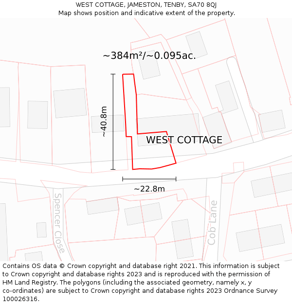 WEST COTTAGE, JAMESTON, TENBY, SA70 8QJ: Plot and title map