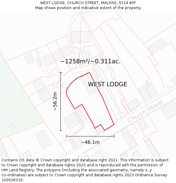 WEST LODGE, CHURCH STREET, MALPAS, SY14 8PF: Plot and title map