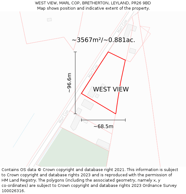 WEST VIEW, MARL COP, BRETHERTON, LEYLAND, PR26 9BD: Plot and title map