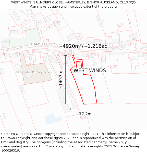 WEST WINDS, SAUNDERS CLOSE, HAMSTERLEY, BISHOP AUCKLAND, DL13 3QD: Plot and title map