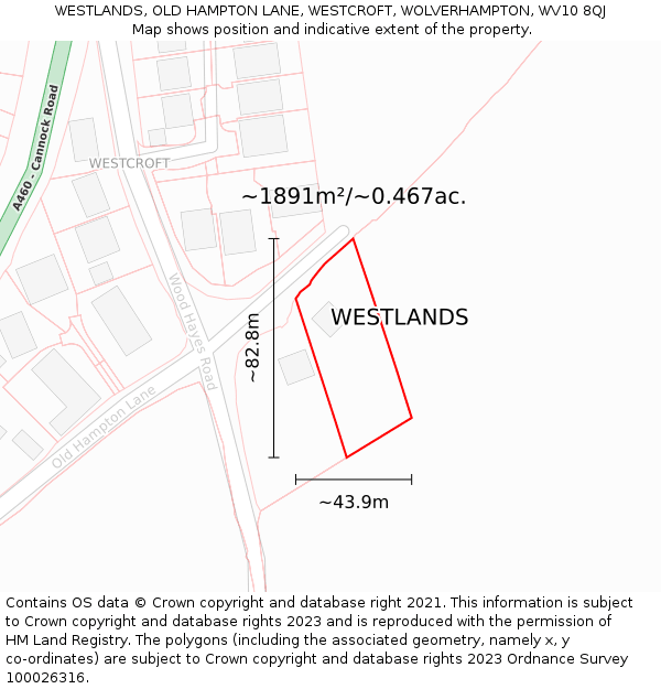 WESTLANDS, OLD HAMPTON LANE, WESTCROFT, WOLVERHAMPTON, WV10 8QJ: Plot and title map