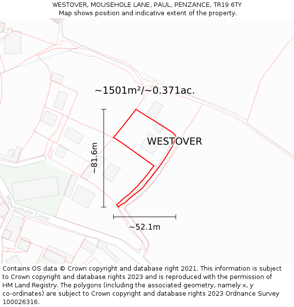 WESTOVER, MOUSEHOLE LANE, PAUL, PENZANCE, TR19 6TY: Plot and title map