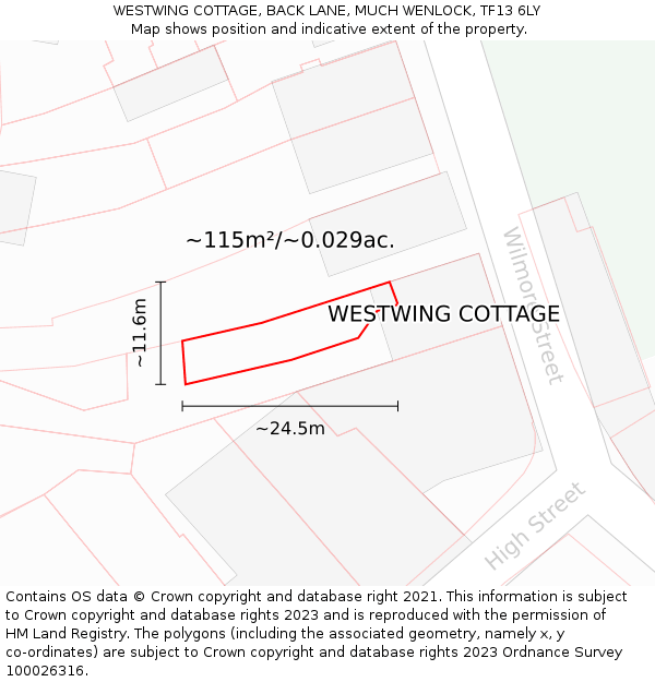 WESTWING COTTAGE, BACK LANE, MUCH WENLOCK, TF13 6LY: Plot and title map