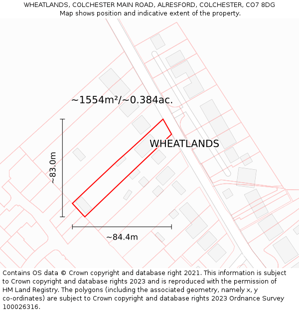 WHEATLANDS, COLCHESTER MAIN ROAD, ALRESFORD, COLCHESTER, CO7 8DG: Plot and title map