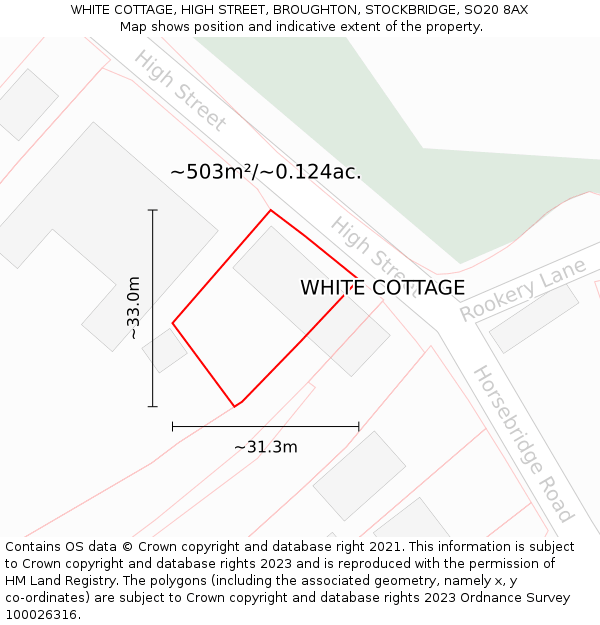 WHITE COTTAGE, HIGH STREET, BROUGHTON, STOCKBRIDGE, SO20 8AX: Plot and title map