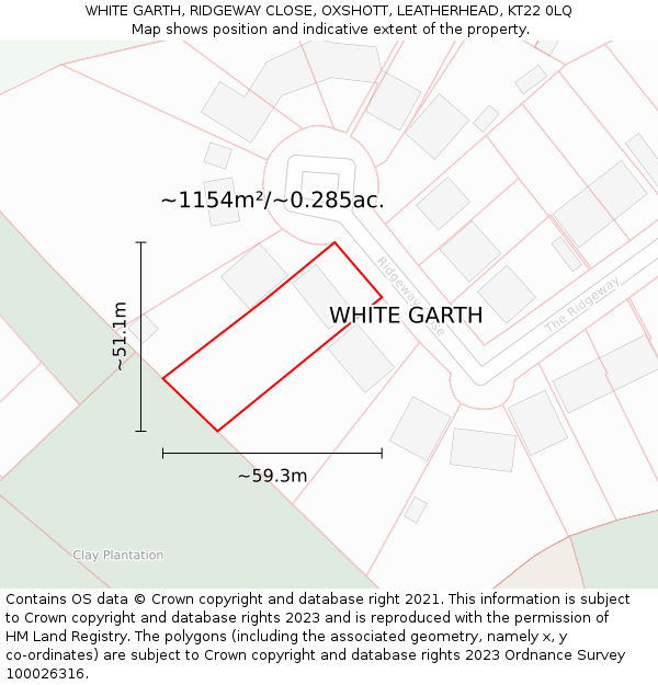 WHITE GARTH, RIDGEWAY CLOSE, OXSHOTT, LEATHERHEAD, KT22 0LQ: Plot and title map