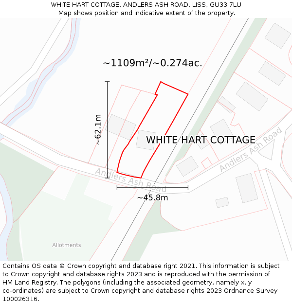 WHITE HART COTTAGE, ANDLERS ASH ROAD, LISS, GU33 7LU: Plot and title map