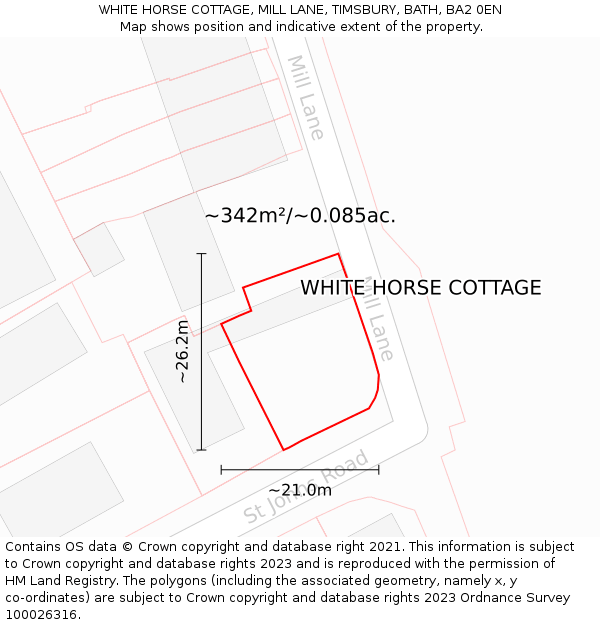 WHITE HORSE COTTAGE, MILL LANE, TIMSBURY, BATH, BA2 0EN: Plot and title map