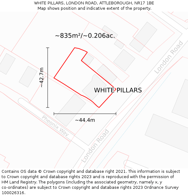 WHITE PILLARS, LONDON ROAD, ATTLEBOROUGH, NR17 1BE: Plot and title map