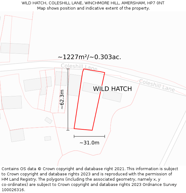 WILD HATCH, COLESHILL LANE, WINCHMORE HILL, AMERSHAM, HP7 0NT: Plot and title map