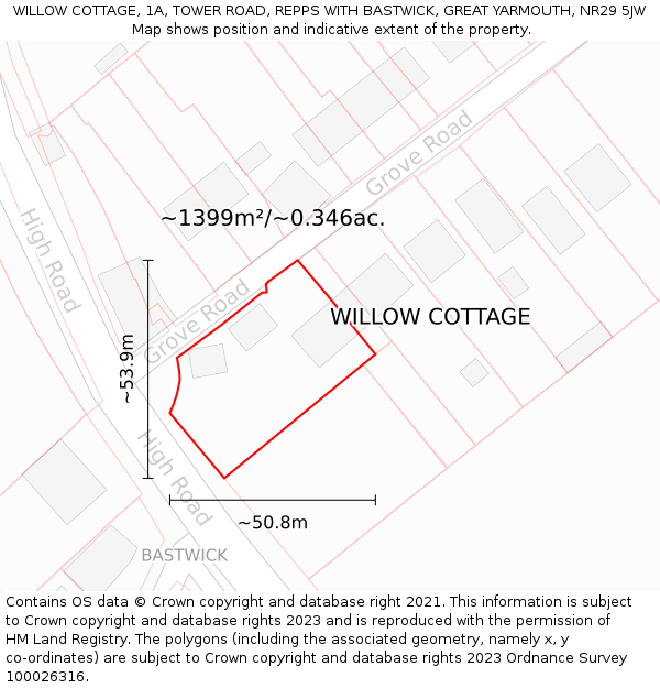 WILLOW COTTAGE, 1A, TOWER ROAD, REPPS WITH BASTWICK, GREAT YARMOUTH, NR29 5JW: Plot and title map