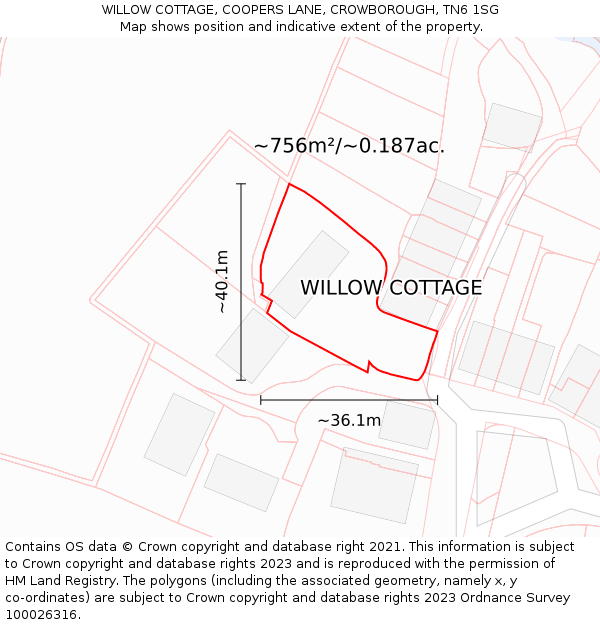 WILLOW COTTAGE, COOPERS LANE, CROWBOROUGH, TN6 1SG: Plot and title map