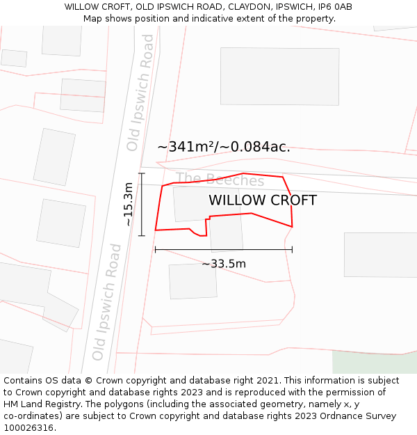 WILLOW CROFT, OLD IPSWICH ROAD, CLAYDON, IPSWICH, IP6 0AB: Plot and title map