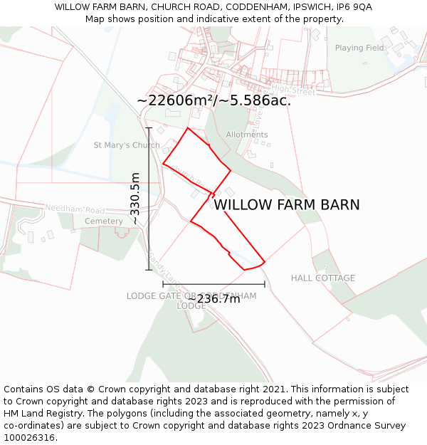 WILLOW FARM BARN, CHURCH ROAD, CODDENHAM, IPSWICH, IP6 9QA: Plot and title map