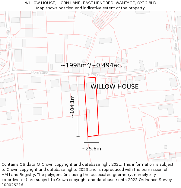 WILLOW HOUSE, HORN LANE, EAST HENDRED, WANTAGE, OX12 8LD: Plot and title map