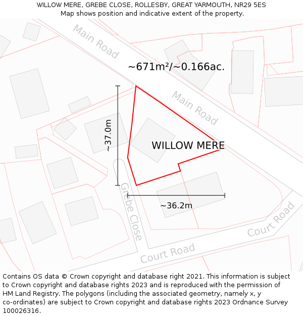 WILLOW MERE, GREBE CLOSE, ROLLESBY, GREAT YARMOUTH, NR29 5ES: Plot and title map