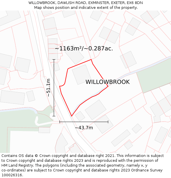 WILLOWBROOK, DAWLISH ROAD, EXMINSTER, EXETER, EX6 8DN: Plot and title map