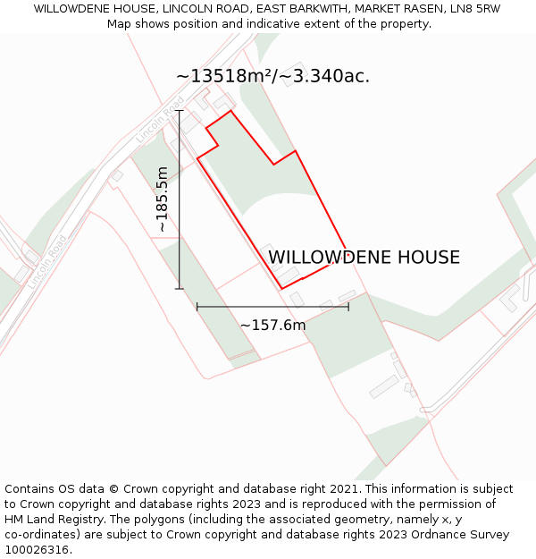 WILLOWDENE HOUSE, LINCOLN ROAD, EAST BARKWITH, MARKET RASEN, LN8 5RW: Plot and title map