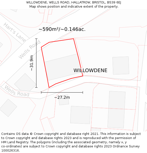 WILLOWDENE, WELLS ROAD, HALLATROW, BRISTOL, BS39 6EJ: Plot and title map