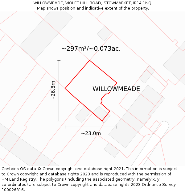 WILLOWMEADE, VIOLET HILL ROAD, STOWMARKET, IP14 1NQ: Plot and title map