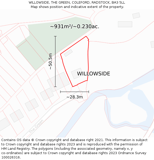 WILLOWSIDE, THE GREEN, COLEFORD, RADSTOCK, BA3 5LL: Plot and title map